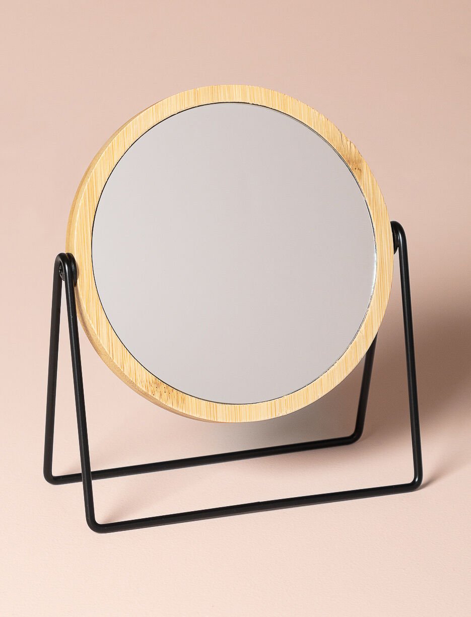 Miroir rond sur pied en m&eacute;tal