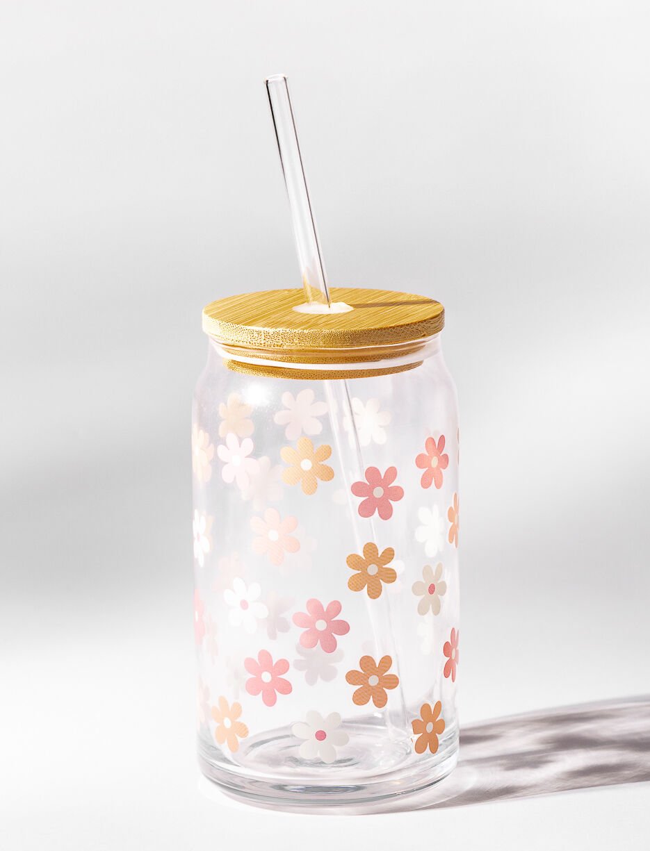 Verre &agrave; paille fleuri avec couvercle