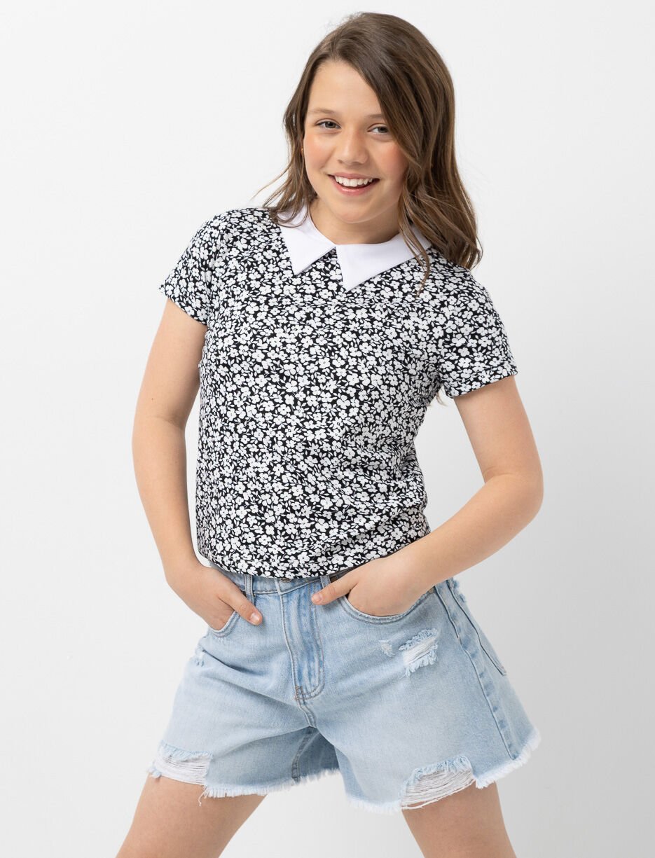 T-shirt &agrave; col chemisier imprim&eacute;