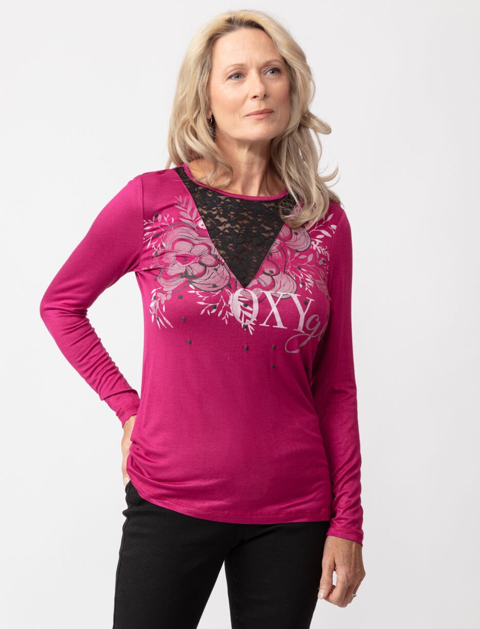 T-shirt imprimé à empiècement en dentelle