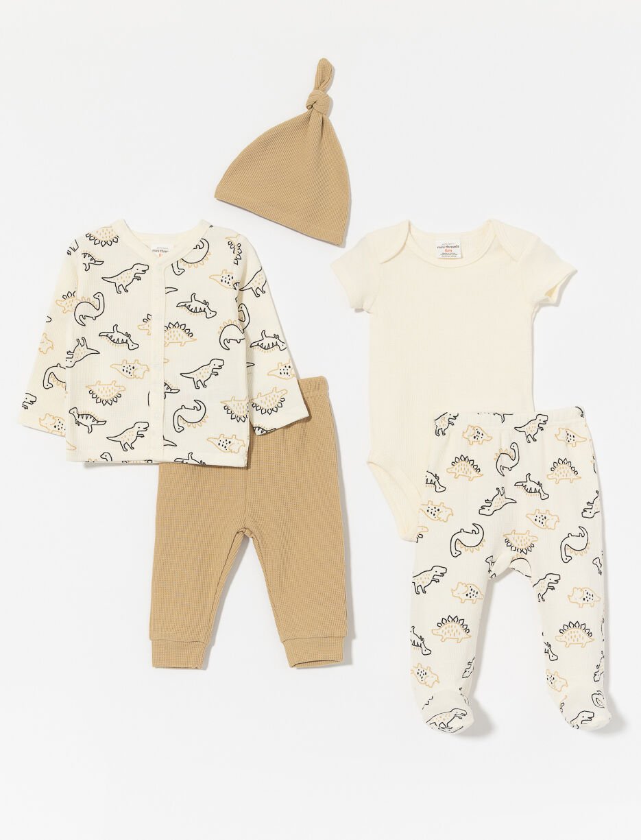 Ens. 4 pièces dinosaures en tricot gaufré