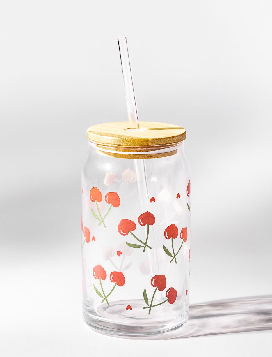 Verre &agrave; paille cerises avec couvercle
