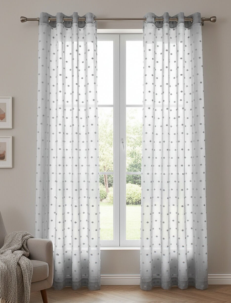 Panneau de rideau voilage &agrave; pois textur&eacute;s