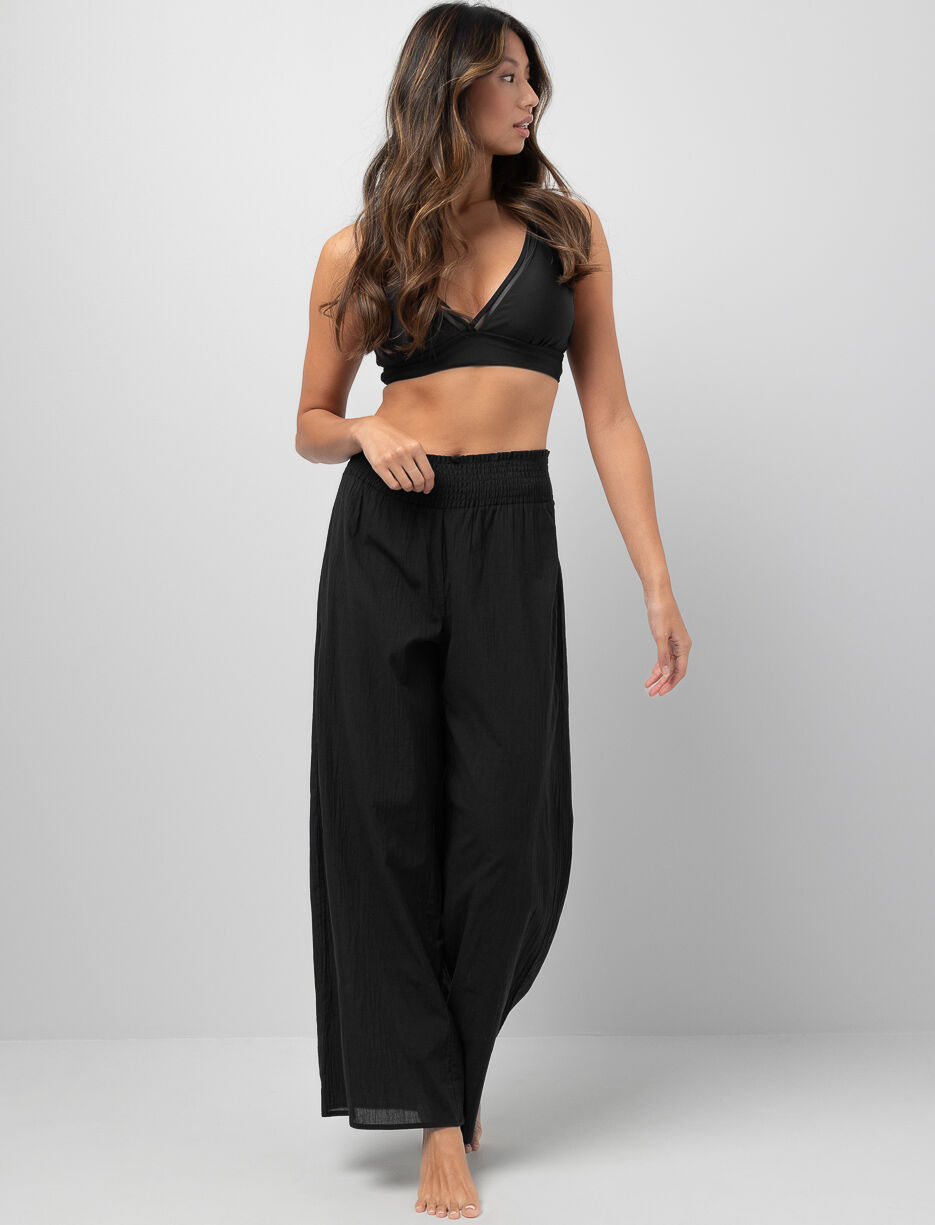 Pantalon jambe large à taille nid d'abeille