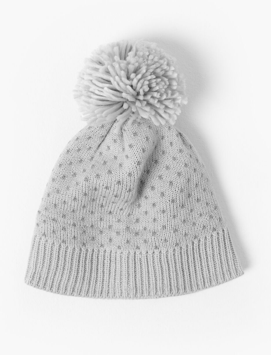 Knit Beanie with Pompom and Heart Print
