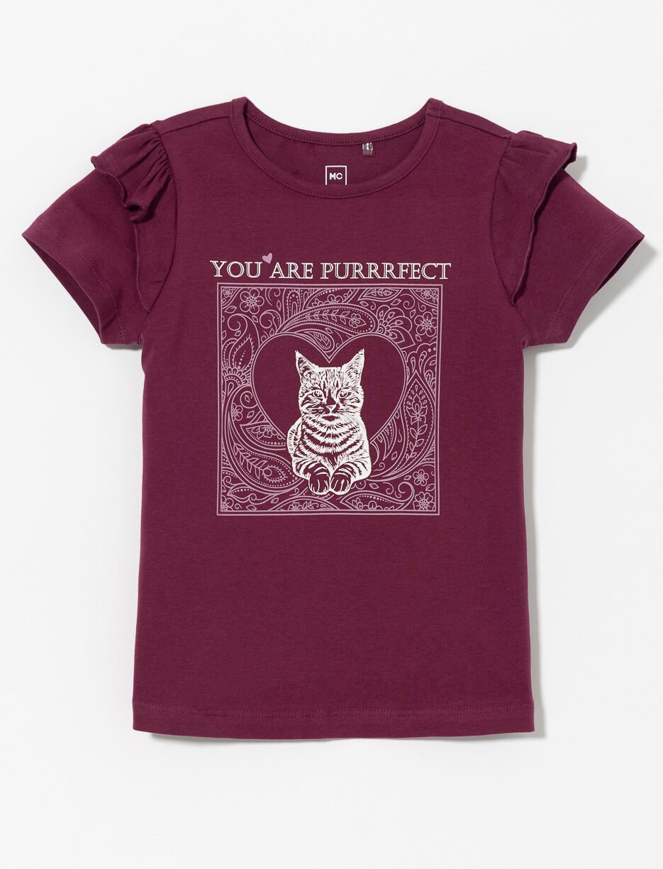 Ruffled Cat Print T-shirt - Little Girl