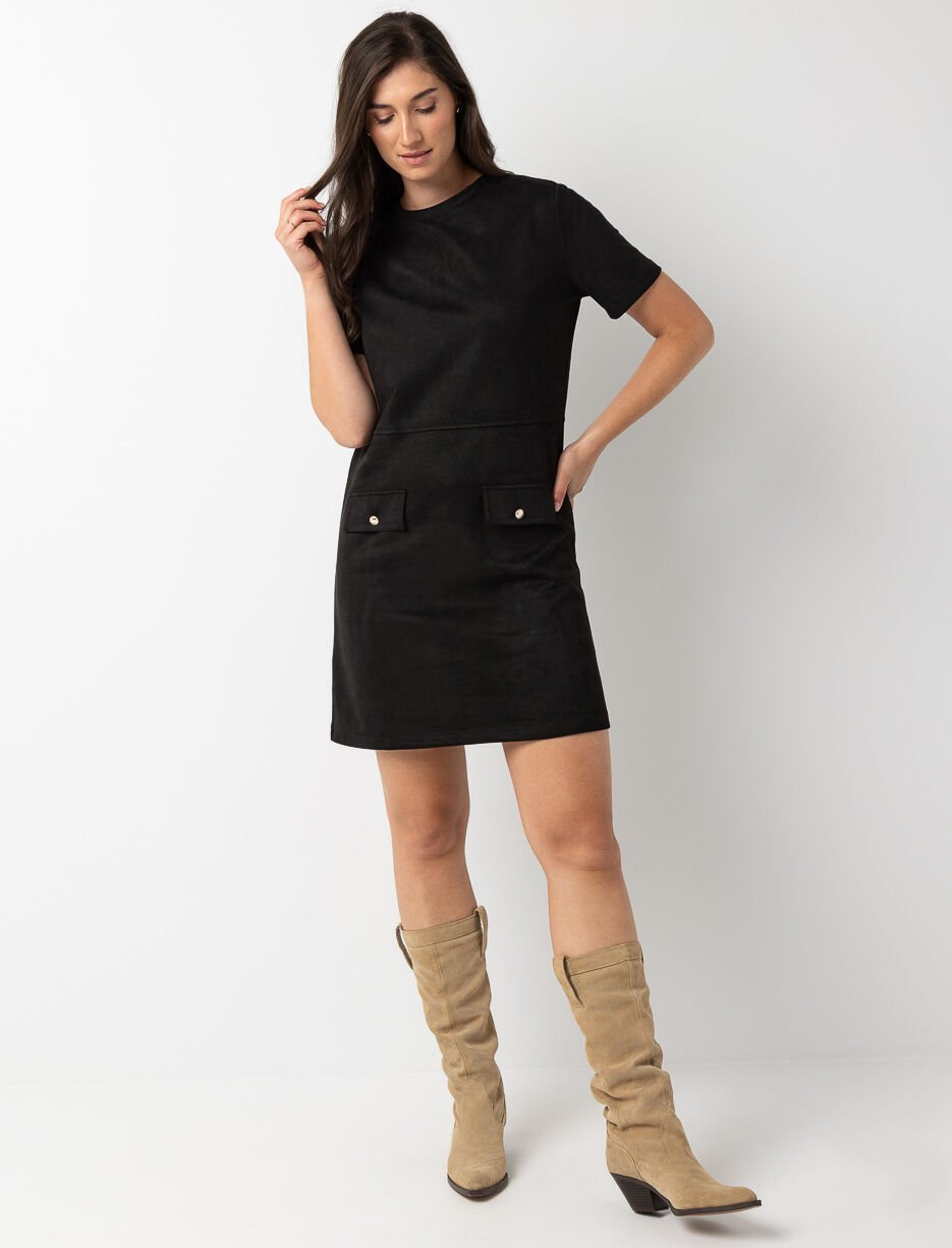 Faux Suede Dress with Decorative Pockets