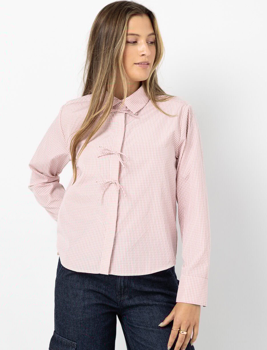 Blouse à carreaux avec col chemisier et nœuds à l’avant
