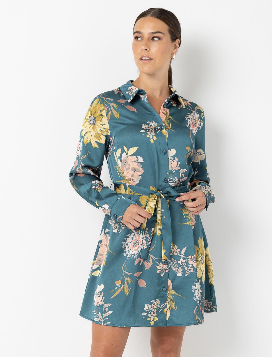 Robe chemise satinée à imprimé floral Robe chemise satinée à imprimé floral