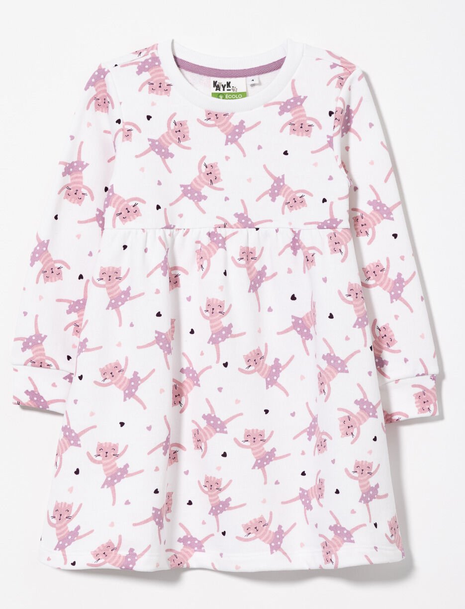 Cat Print Cinched Waist Dress - Little Girl