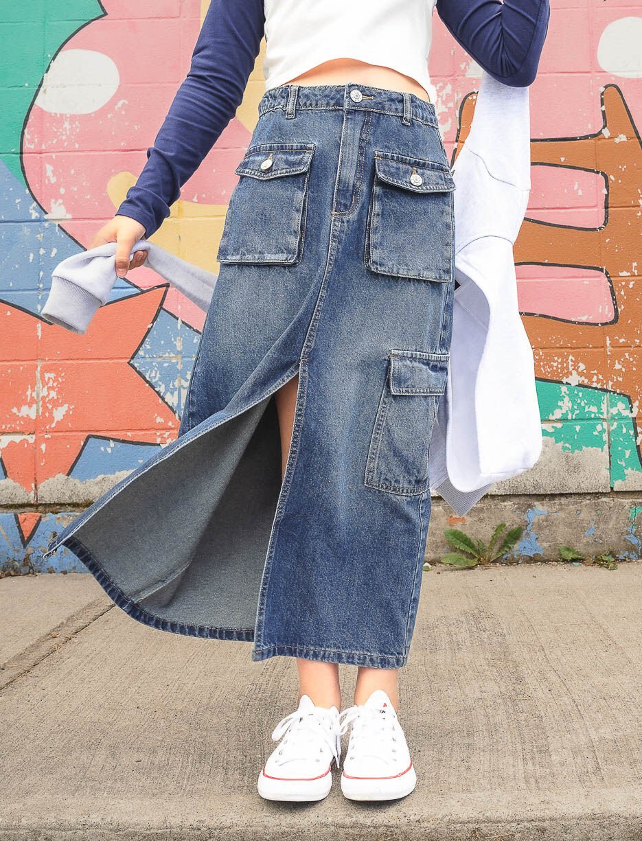 Jupe en denim &agrave; poches
