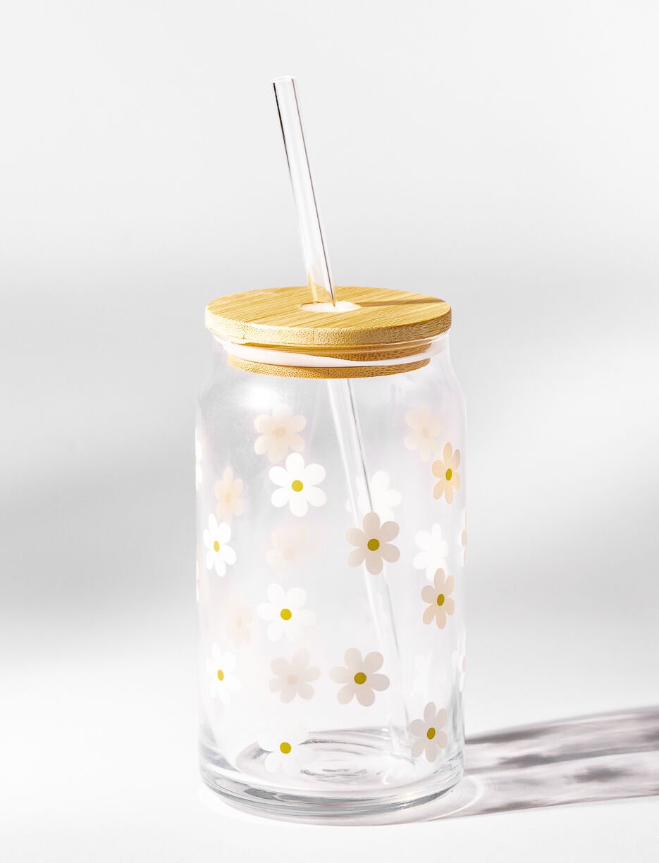 Verre &agrave; paille fleuri avec couvercle