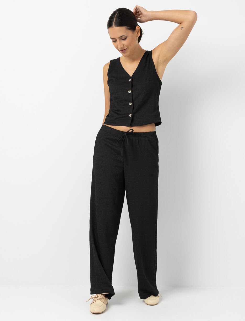 Pantalon large texturé à taille élastique Pantalon large texturé à taille élastique