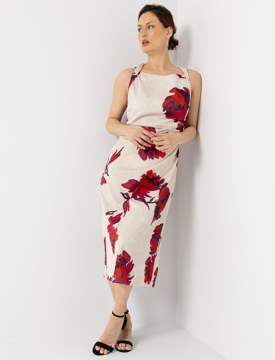 Floral Satin Dress with Gathered Waist