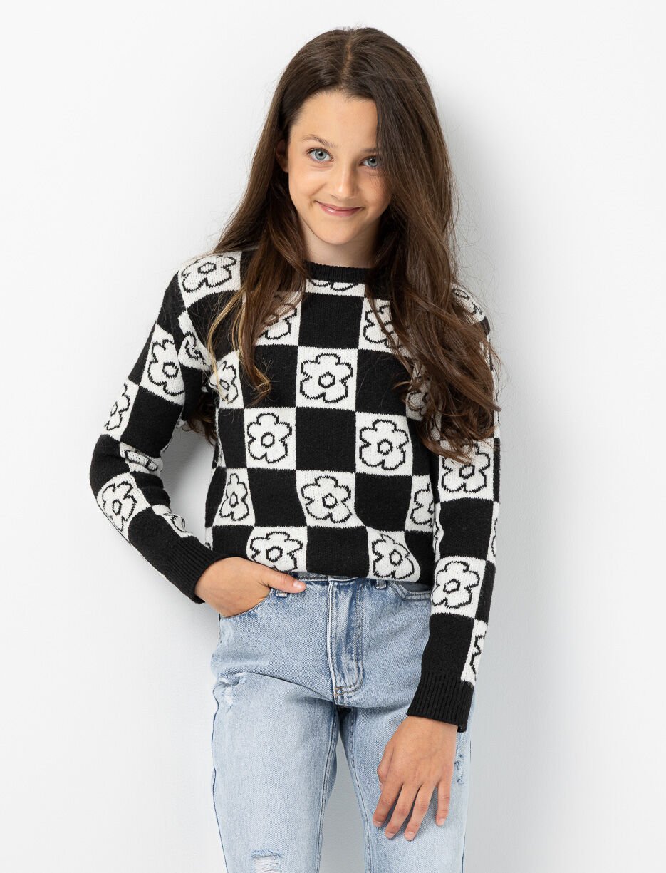 Chandail en tricot à fleurs et motif damier