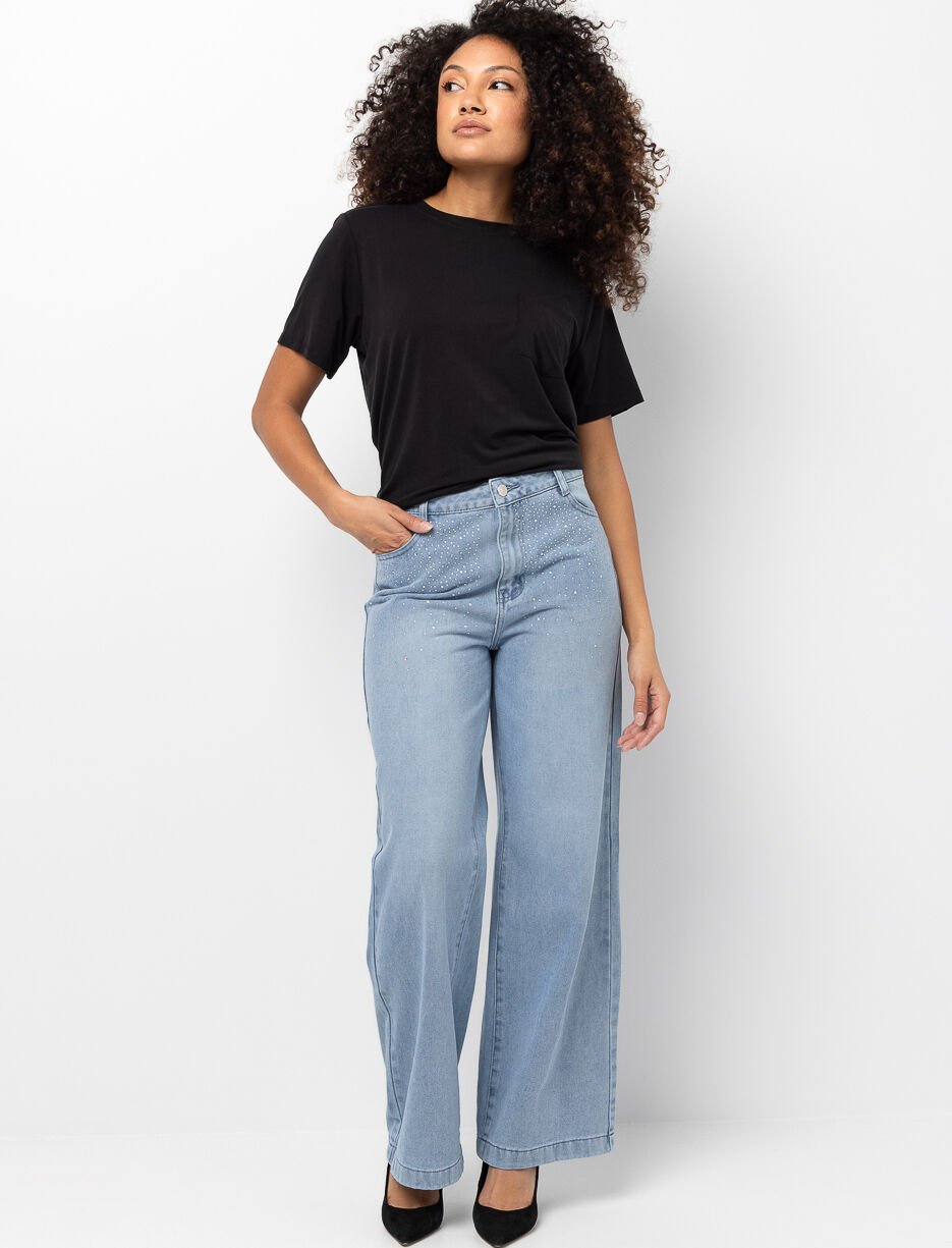 Jean jambe large à strass