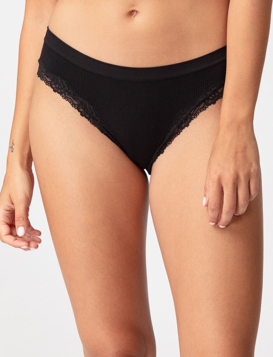Culotte bikini côtelée à dentelle