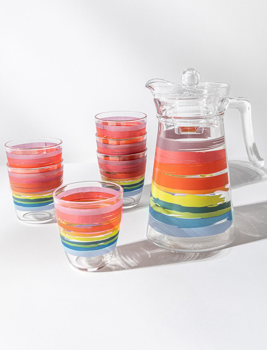 Glass Pitcher and 6 Coloured Stripe Glasses Set