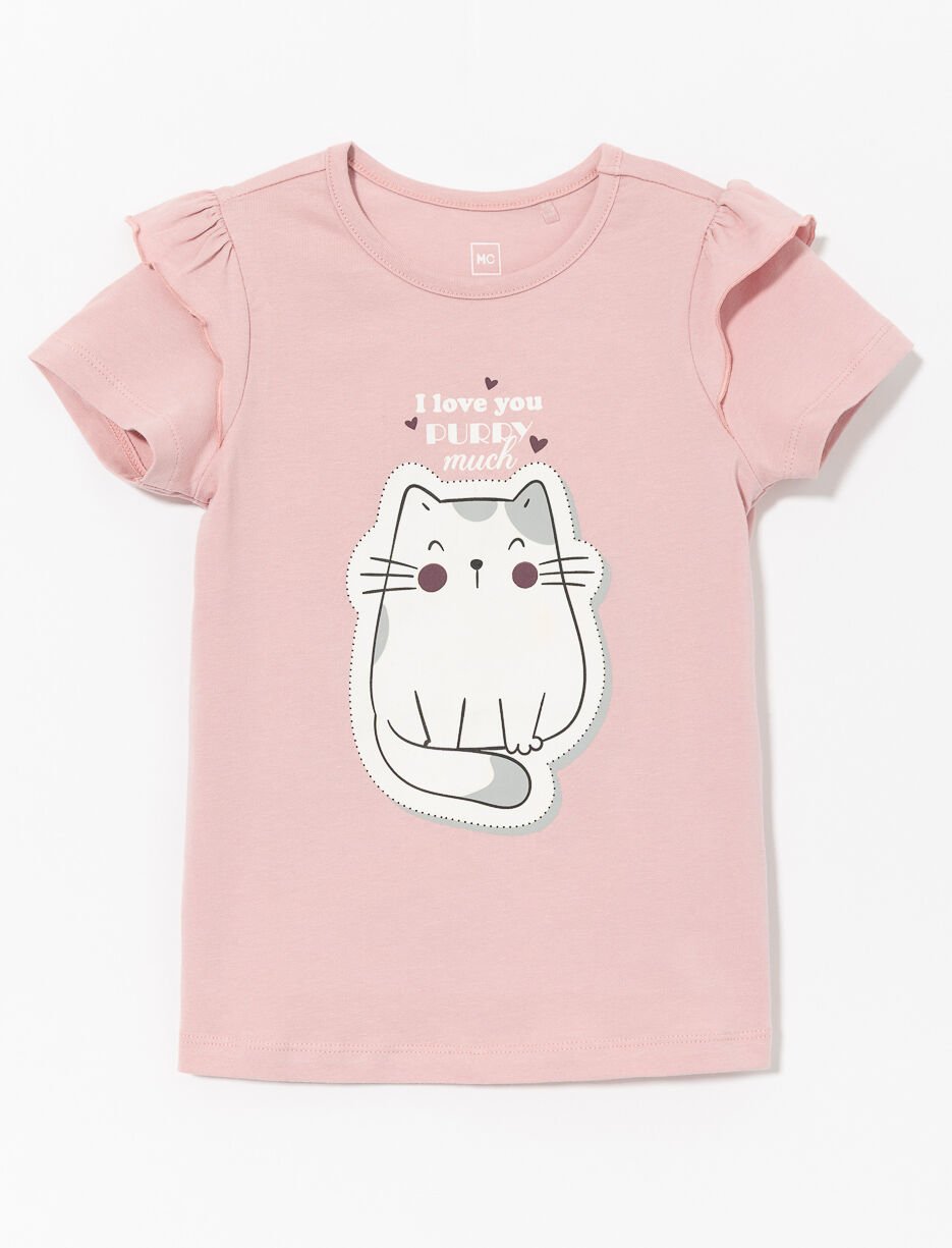 Ruffled Cat Print T-shirt - Little Girl