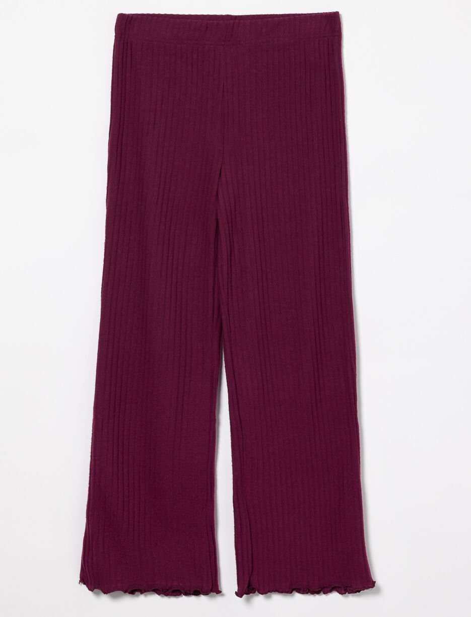 Wide-leg Ribbed Pants with Lettuce-edge Finish