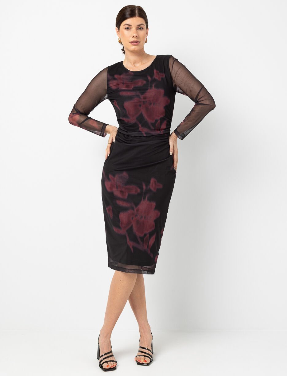 Robe midi à manches longues en tulle fleuri Robe midi à manches longues en tulle fleuri