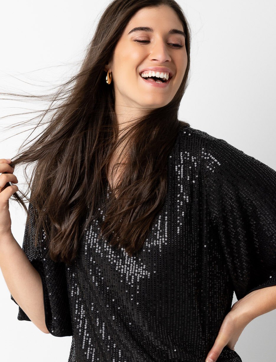 T-shirt en mesh à paillettes et manches 3/4