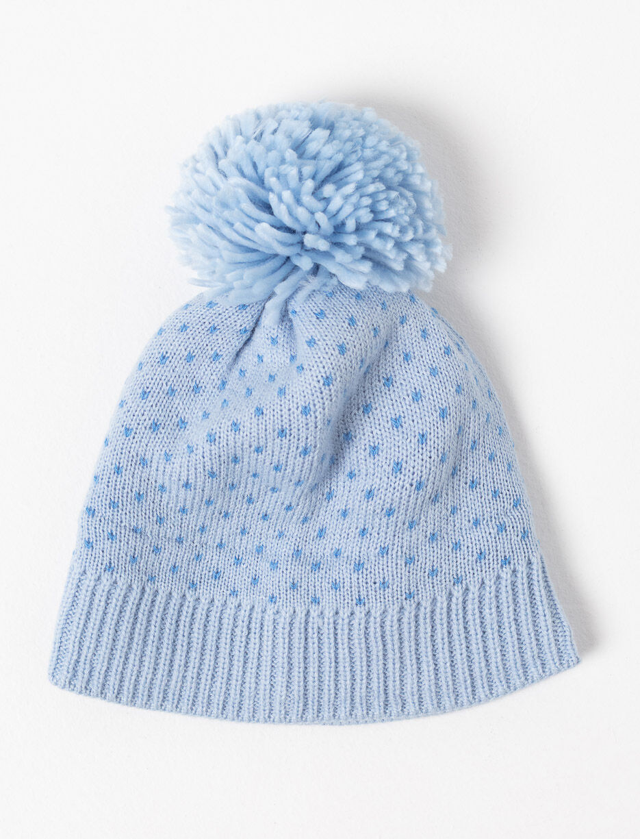 Knit Beanie with Pompom and Heart Print
