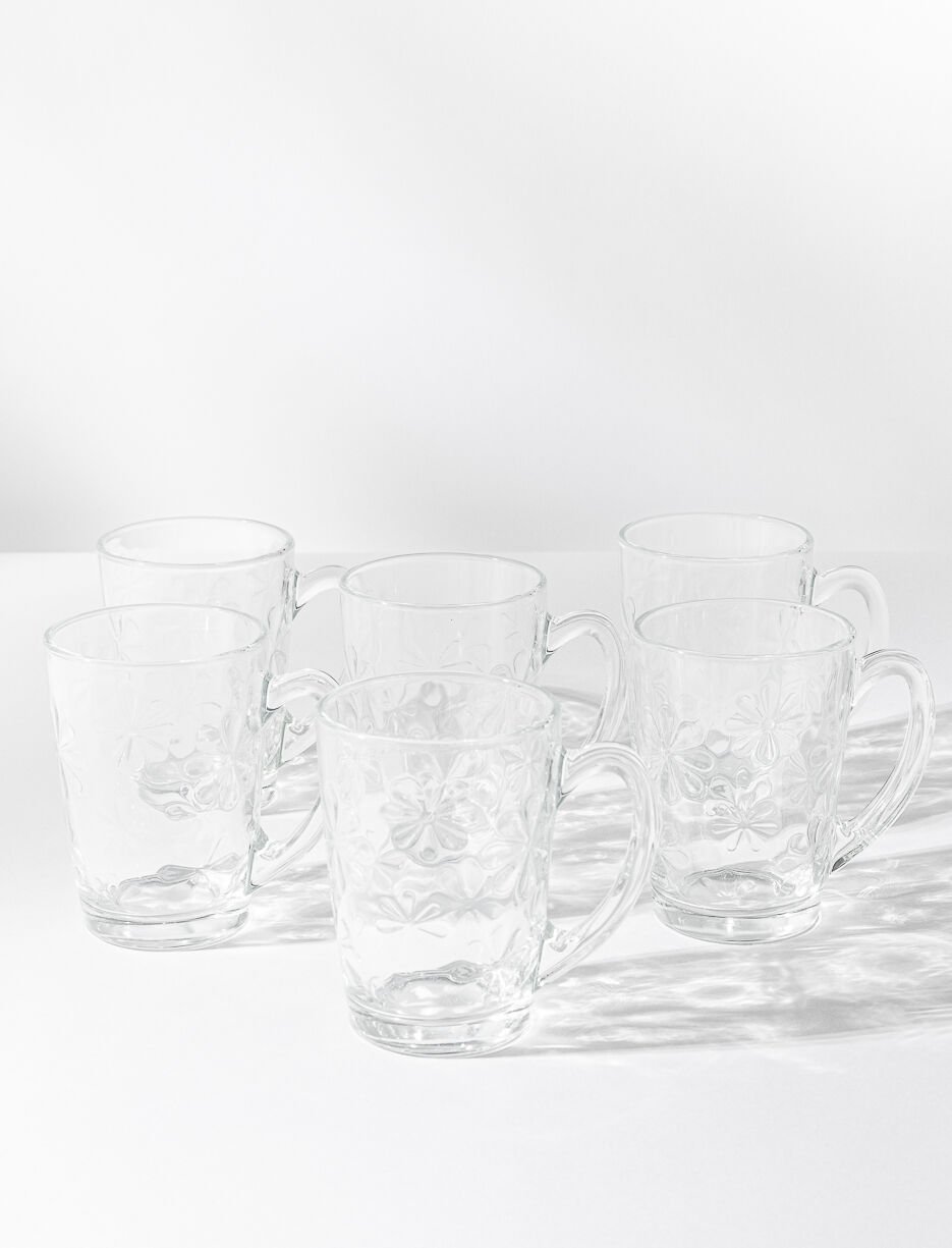 Floral Pattern Glass Mugs - Set of 6